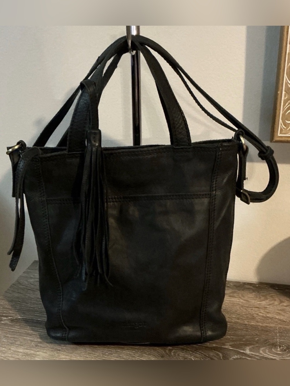 margot NY Anna Black Leather Shoulder Crossbody Bag Tote with Tassel Accent